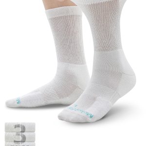Diabetic Socks for Women Men, Non-Binding Crew Socks Made with LYCRA® & Coolmax® EcoMade  3 Pairs, White